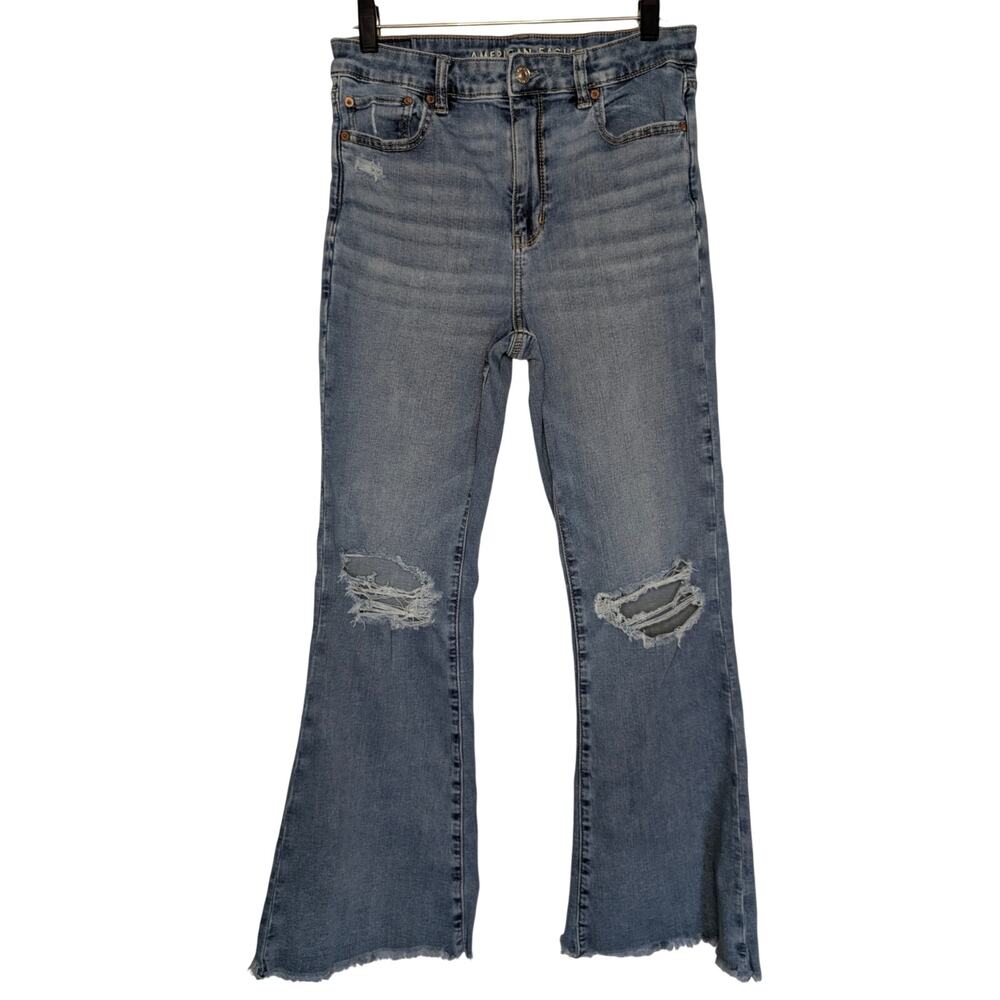 American Eagle Women Jeans, Medium Wash Super High Rise Flare Jeans, Sz 10R